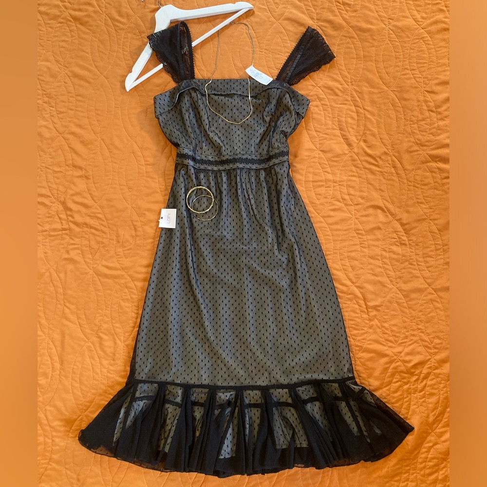 LOFT Black Polka Dot Midi Dress with Ruffle Hem